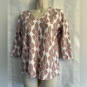Pure Jill Ikat print top knit tunic white & mauve 3/4 sleeve top Sz-Petite XS E2